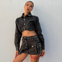 Two piece set of lapel jacket and high waist pocket skirt Two piece set of lapel jacket and high waist pocket skirt