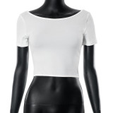 Solid color half open neck short sleeved cross over backless sexy top T-shirt