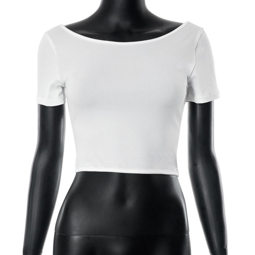 Solid color half open neck short sleeved cross over backless sexy top T-shirt