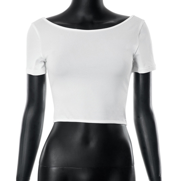 Solid color half open neck short sleeved cross over backless sexy top T-shirt