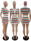 Sexy Knitted Contrast Short Sleeve Shorts Casual Set Two Piece Set