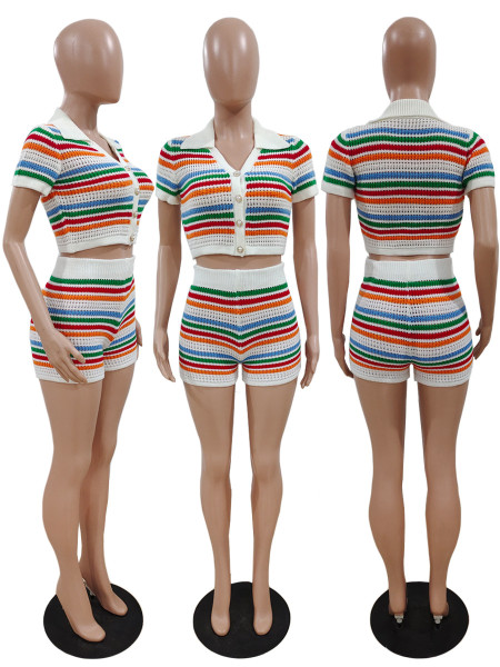 Sexy Knitted Contrast Short Sleeve Shorts Casual Set Two Piece Set