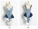 Colored denim waistband slimming tank top with suspenders