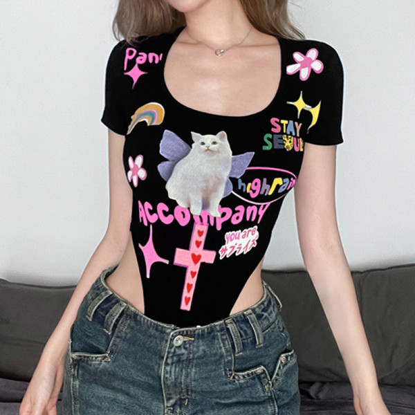 Printed Contrast Color Basic Slim Fit Sexy Open Back Short Sleeve Bodysuit Top