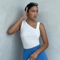 Solid Asymmetric Rib Pleated Sleeve Tank Top T-shirt Solid Asymmetric Rib Pleated Sleeve Tank Top T-shirt