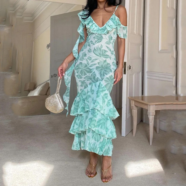 Women's printed, sexy, fashionable, personalized, and irregular dress with straps