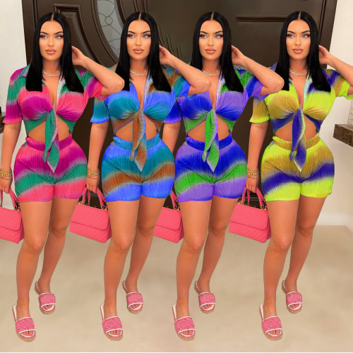 Women's sexy fashion shorts set with gradient color printing two-piece set