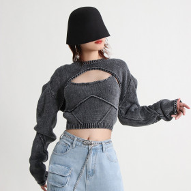 Solid Knitted Set with Spliced Knitted Strap and Sweetheart Two Piece Set