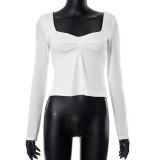 Solid Square Neck Long Sleeve Pleated Side Split Top T-shirt