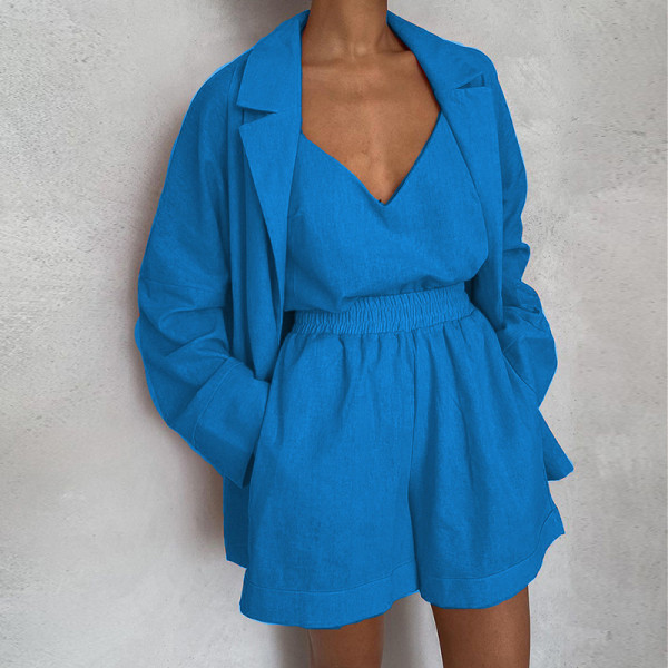 Solid V-neck loose fitting small suit shorts fashion three piece set