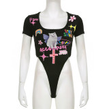 Printed Contrast Color Basic Slim Fit Sexy Open Back Short Sleeve Bodysuit Top