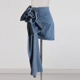 Three dimensional rose flower denim skirt simple retro blue short A-line women's Denim skirt