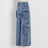 Denim skirt with high waist stitching and worn pocket long skirt