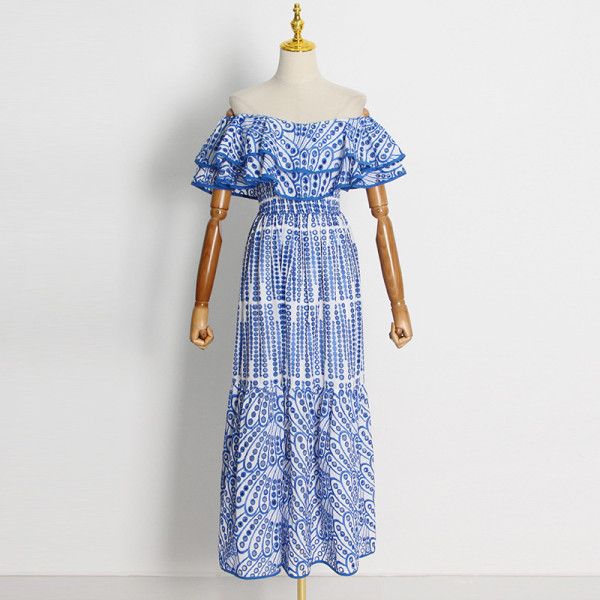 Double layer lotus leaf one line neck embroidered hollow out long dress