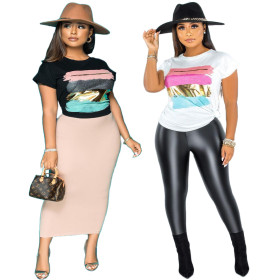 Women's Fashion Solid Color Colorful Graffiti Color Block Printing Casual Versatile Loose T-shirt