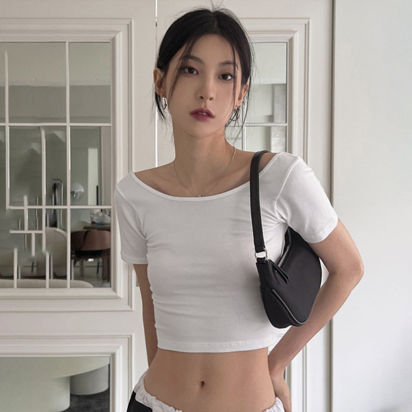 Solid color half open neck short sleeved cross over backless sexy top T-shirt