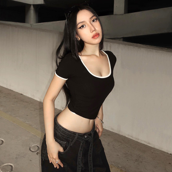 Contrast edging U-neck short sleeved hollowed out backless top T-shirt
