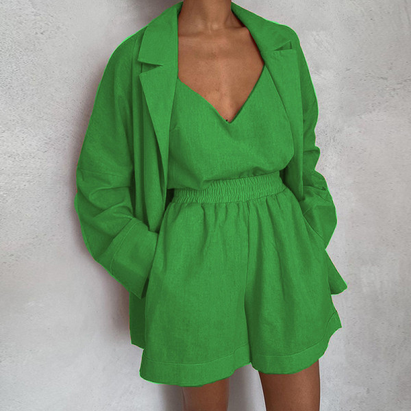 Solid V-neck loose fitting small suit shorts fashion three piece set