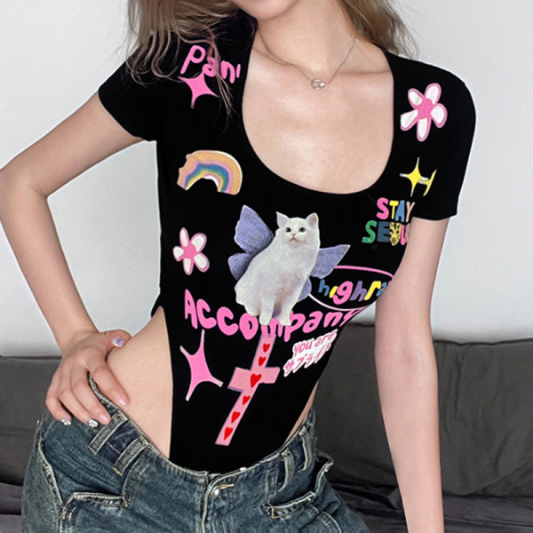 Printed Contrast Color Basic Slim Fit Sexy Open Back Short Sleeve Bodysuit Top