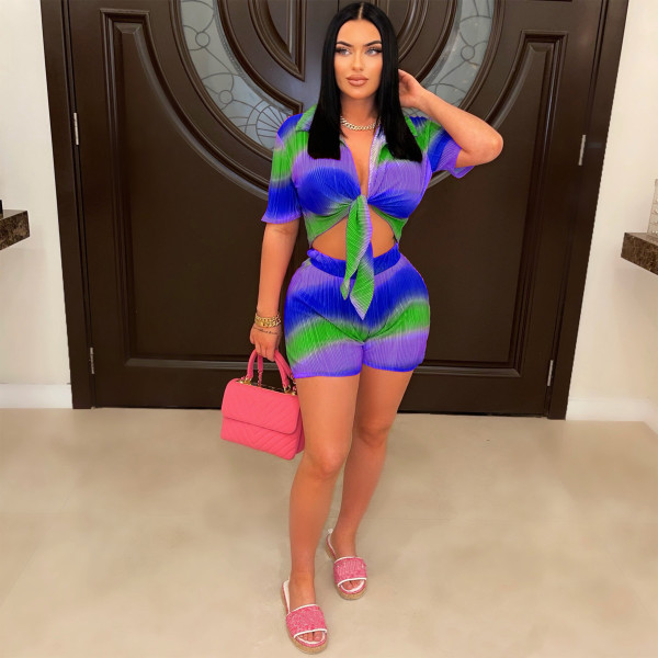 Women's sexy fashion shorts set with gradient color printing two-piece set