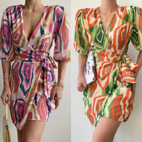 Women's printed sexy pleated V-neck waistband casual dress