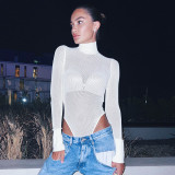 Solid mesh patchwork high neck long sleeved jumpsuit top T-shirt