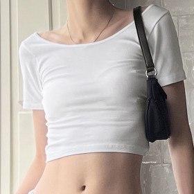 Solid color half open neck short sleeved cross over backless sexy top T-shirt