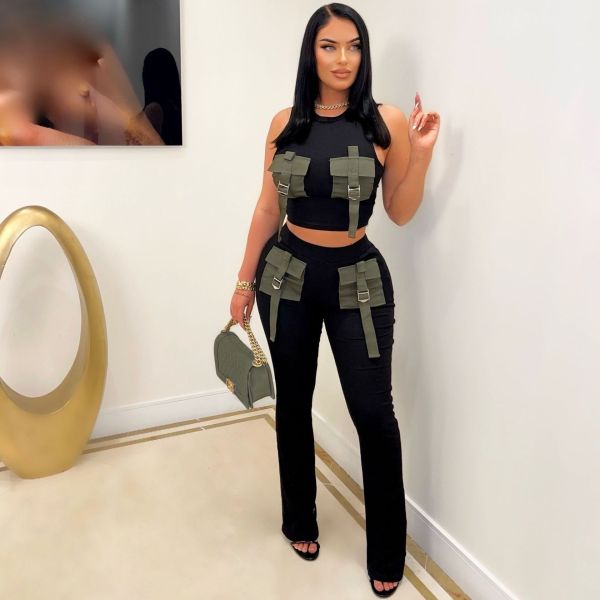 Women's multi pocket work suit two-piece tight fitting buttocks fashion pants set