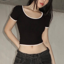 Contrast edging U-neck short sleeved hollowed out backless top T-shirt Contrast edging U-neck short sleeved hollowed out backless top T-shirt