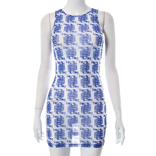 Mesh Perspective Printing Round Neck Sleeveless Wrapped Hip Casual Dress