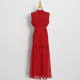 Chiffon small standing neck solid color patchwork slim fitting long swing dress