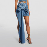 Three dimensional rose flower denim skirt simple retro blue short A-line women's Denim skirt