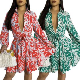 Women's fashion printed lapel button tie up shirt dress