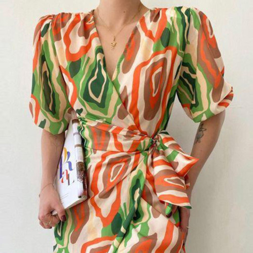 Women's printed sexy pleated V-neck waistband casual dress
