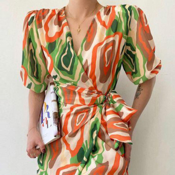 Women's printed sexy pleated V-neck waistband casual dress