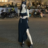 Contrast color suspender sleeveless open back ruffled hem wrap buttocks dress