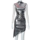 Gold Plated Round Neck Sleeveless Asymmetric Pleated Wrapped Hip Casual Dress