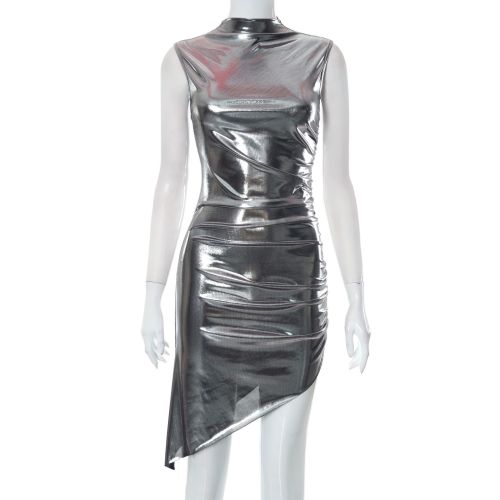 Gold Plated Round Neck Sleeveless Asymmetric Pleated Wrapped Hip Casual Dress