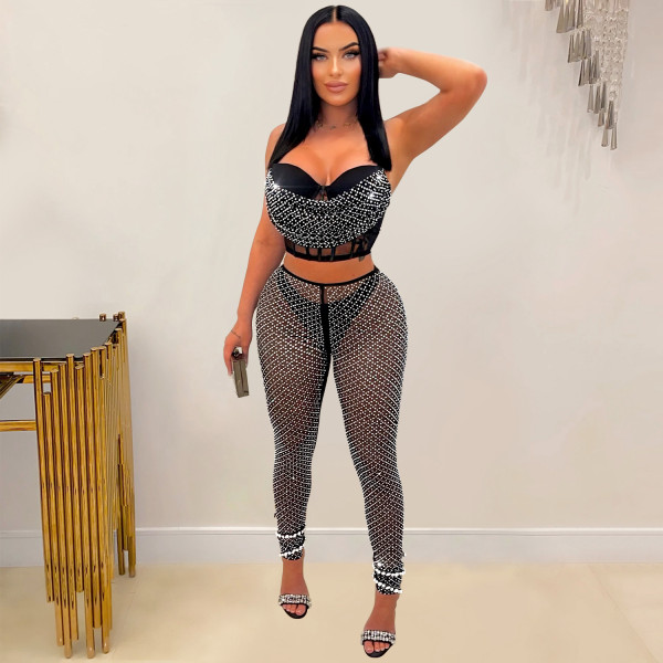 Fashion women's solid color mesh hot diamond suspender pants two-piece set