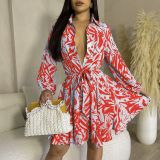 Women's fashion printed lapel button tie up shirt dress