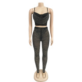 Fashion women's solid color mesh hot diamond suspender pants two-piece set