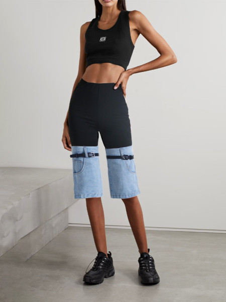 High waisted skinny knee panel denim design with fashionable contrast color elastic waistband capris