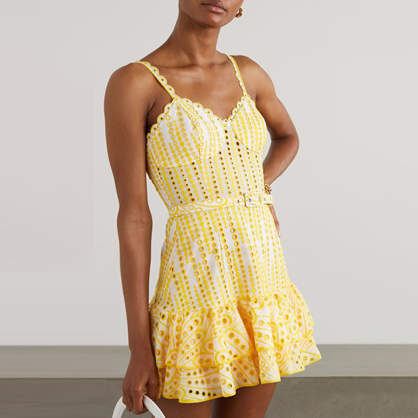 Heavy Industry Embroidery Sexy Hanging Strap Ruffled Dress with Waist Closure for a Slim and Elegant Short Style Dress