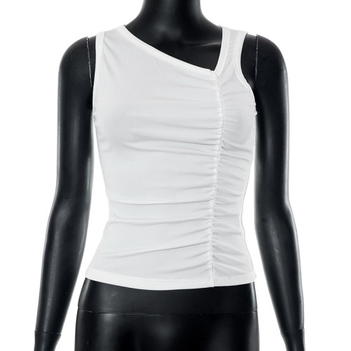 Solid Asymmetric Rib Pleated Sleeve Tank Top T-shirt