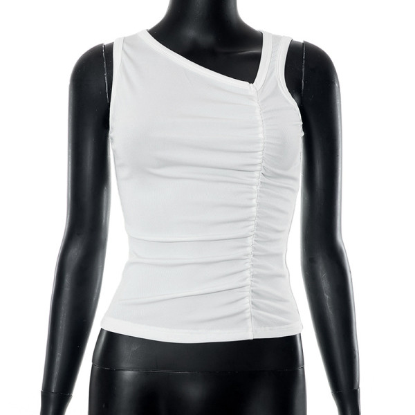 Solid Asymmetric Rib Pleated Sleeve Tank Top T-shirt