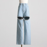 Diamond studded beaded design with a sense of niche hollowed out jeans and loose straight pants
