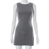 Solid round neck sleeveless patchwork buttocks casual dress