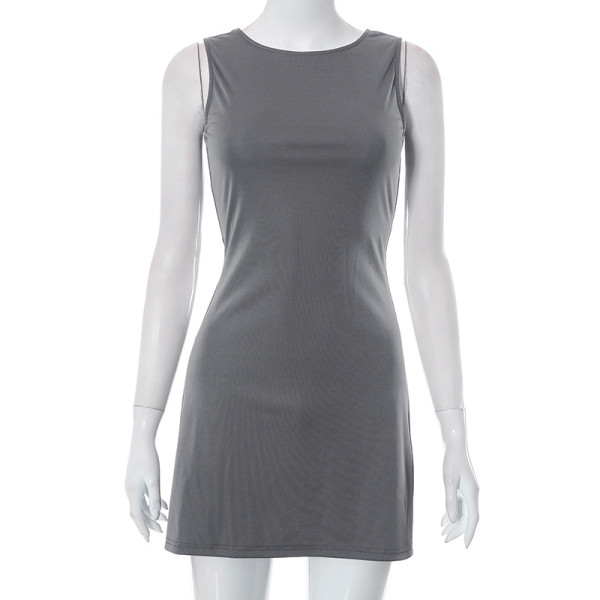 Solid round neck sleeveless patchwork buttocks casual dress