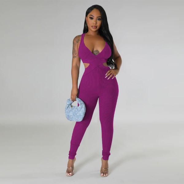 Sleeveless sexy deep V-neck tight jumpsuit