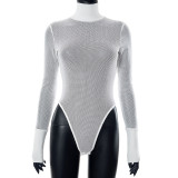 Solid mesh patchwork high neck long sleeved jumpsuit top T-shirt